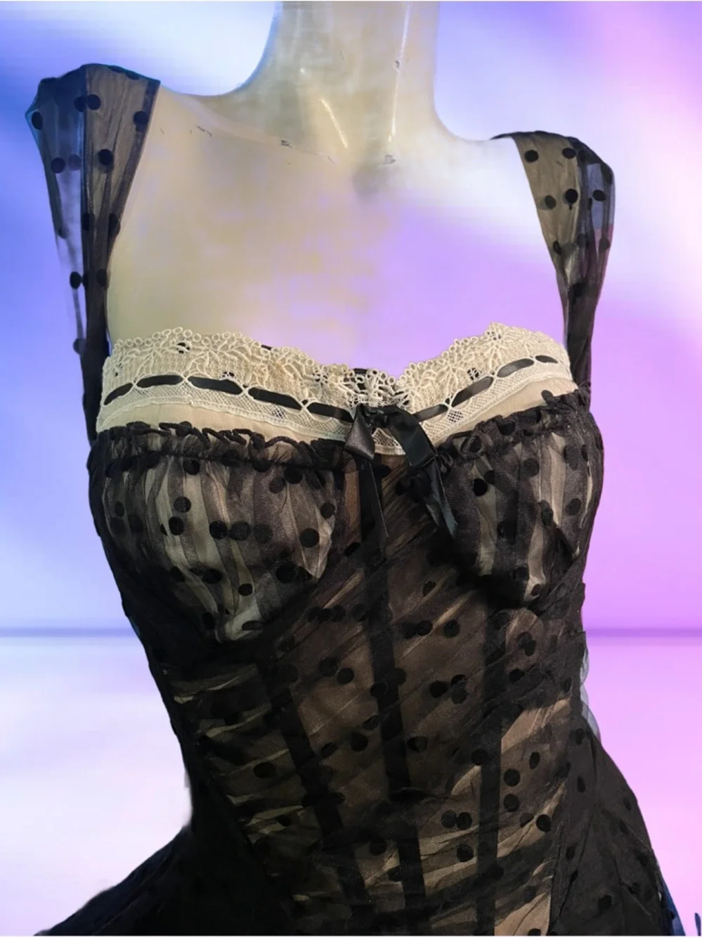 ✨NWT✨LACEMADE Dream Harbor Midnight 🖤Black Corset Sheer Polka Dot Midi Dress - Picture 2 of 16